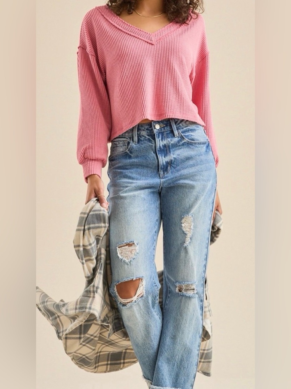 Altar'd State V-neck crop top long sleeves pink ribbed Women’s Large